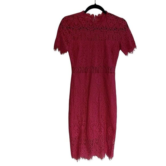 Lulus Women XS Fuchsia Lace High Neck Remarkable Short Sleeve Sheath Dress - Picture 3 of 12